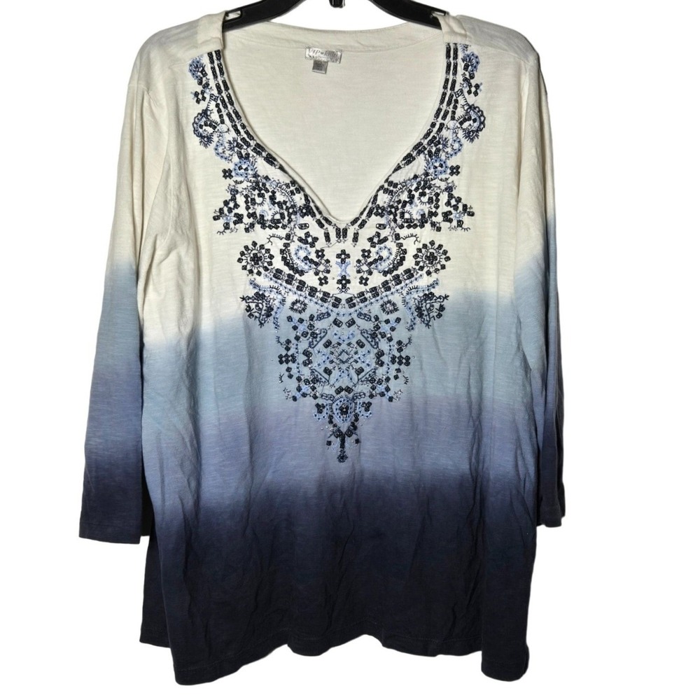 VIP Knits by Avenue Womens Blue Ombré Embroidered V-Neck Tunic Top Plus 18/20